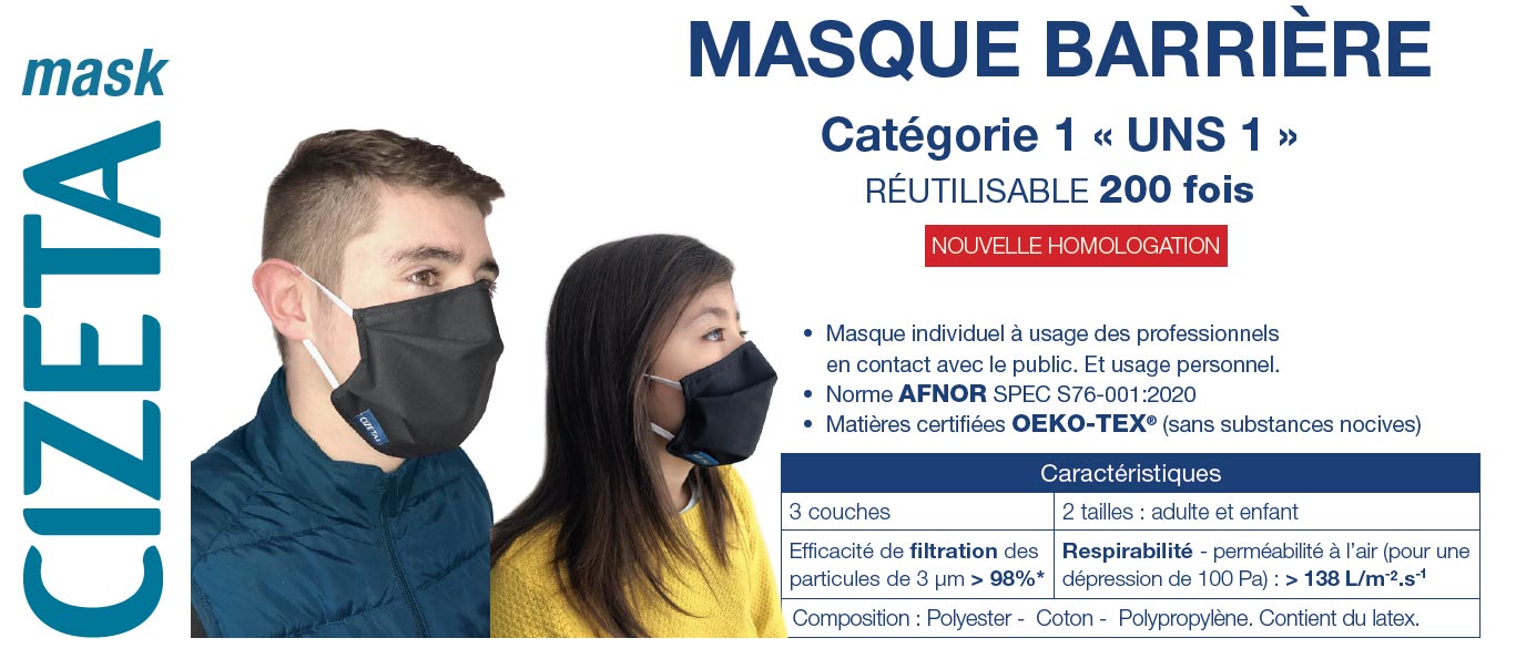 Masque tissus lavable et réutilisable Afnor Covid 19